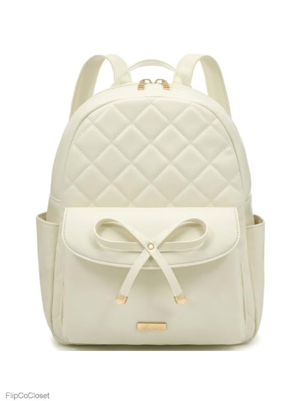 Mini Quilted Vegan Leather Backpack with Bow, 6 Pockets